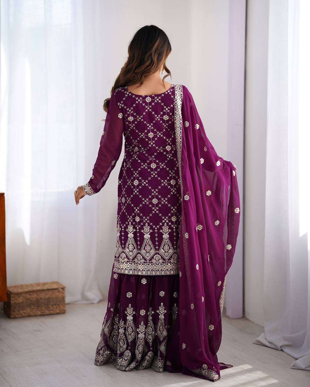 Women's Georgette Embroidery Work Straight Kurta With Sharara Suit and Dupatta Set - Image 5